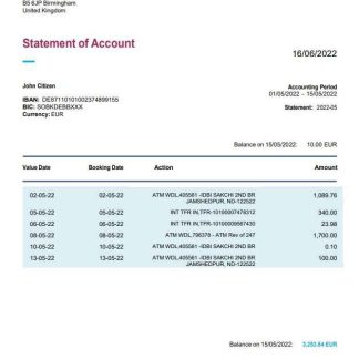United Kingdom Bitwala bank statement, Word and PDF template download template file