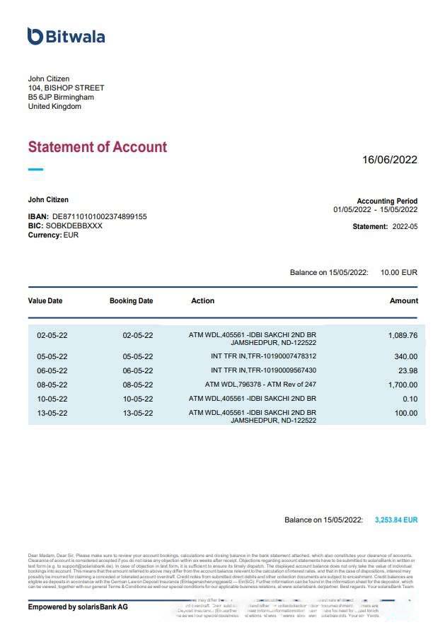 United Kingdom Bitwala bank statement, Word and PDF template download template file