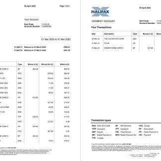 United Kingdom Halifax bank statement Word and PDF template, 2 pages, version 2 download template file