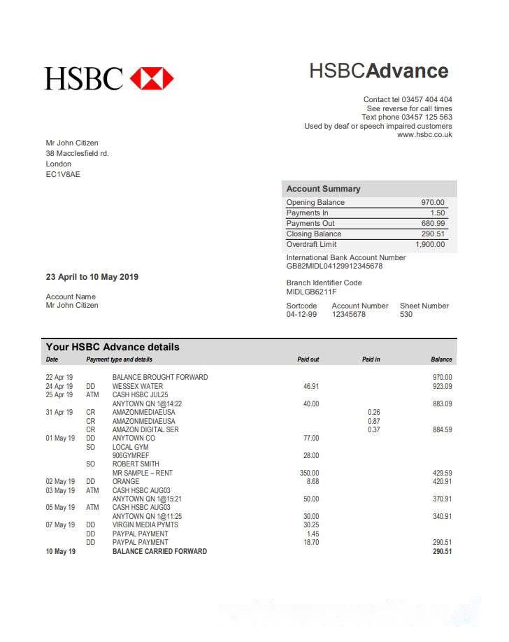 United Kingdom HSBC bank statement template in Word and PDF format download template file