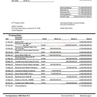United Kingdom HSBC bank statement Word and PDF template, version 2 download template file