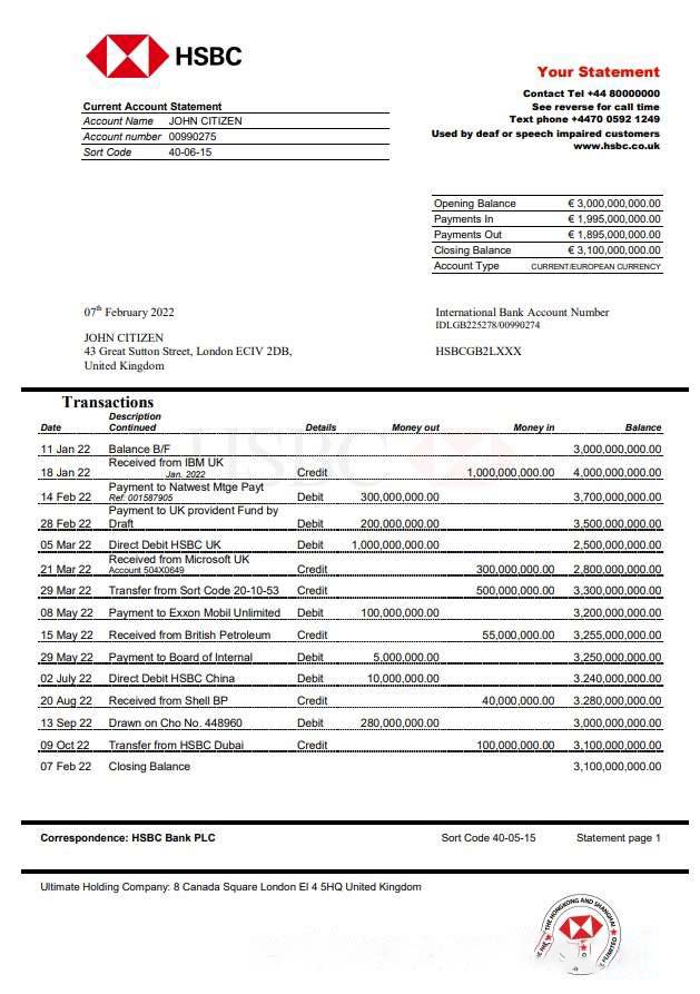 United Kingdom HSBC bank statement Word and PDF template, version 2 download template file