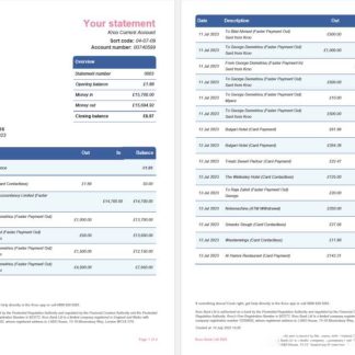 United Kingdom Kroo bank statement Word and PDF template, 4 pages 1 2 download template file