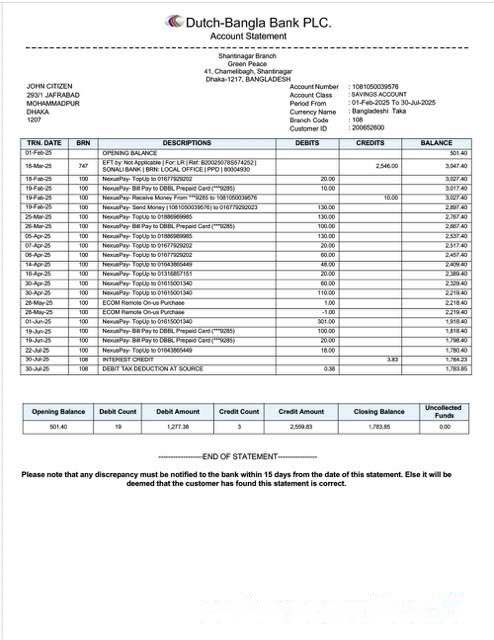 Bangladesh Dutch Bangla Bank Limited account statement Word and PDF template download template file