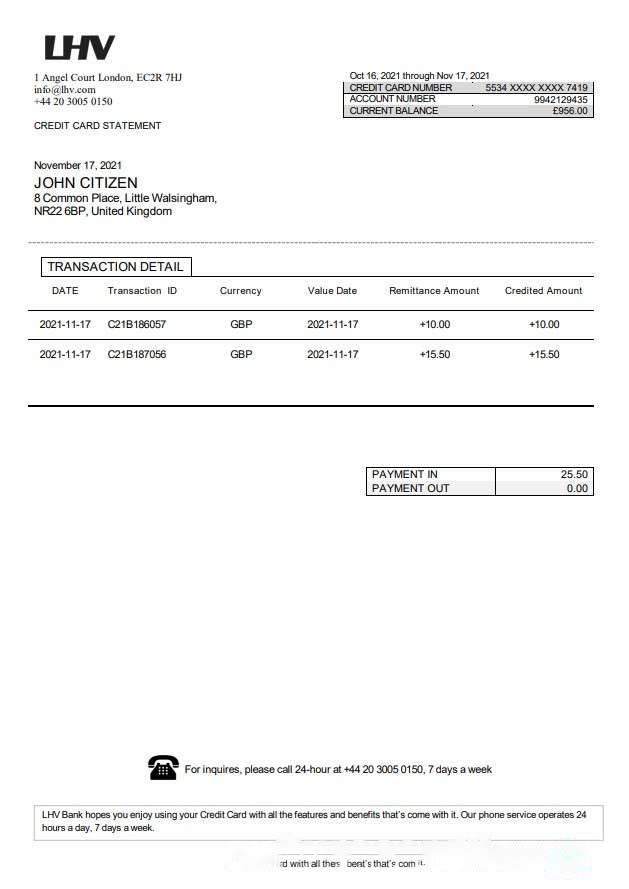 United Kingdom LHV Group bank statement in Word and PDF format download template file