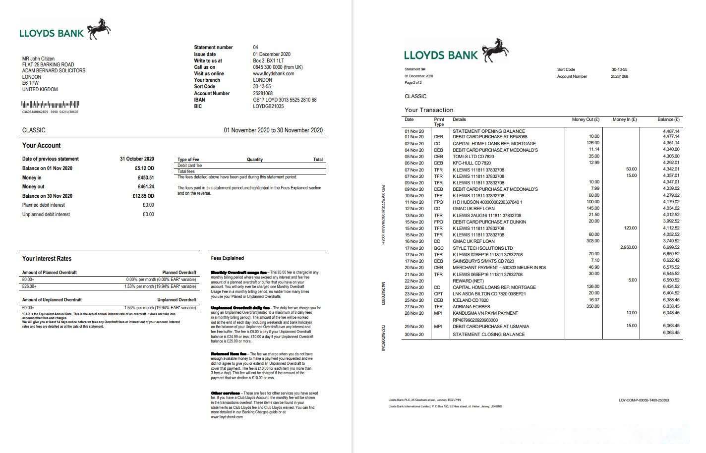 United Kingdom Lloyds bank statement template in Word and PDF format, good for address prove (2 pages) download template file