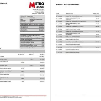 United Kingdom Metro bank business account statement Word and PDF template, 4 pages download template file