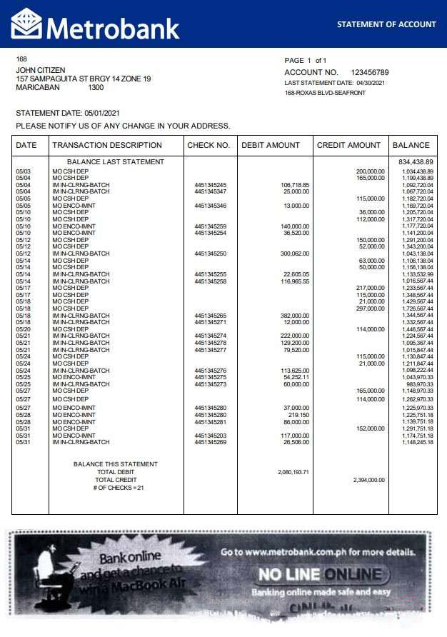 United Kingdom Metrobank bank statement in Word and PDF format download template file