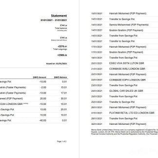 United Kingdom Monzo bank statement template in Word and PDF format (3 pages), good for address prove download template file