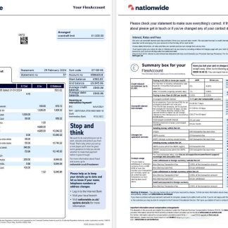 United Kingdom Nationwide bank statement current version template, 2 pages download template file