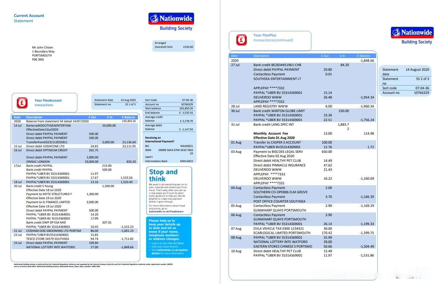 United Kingdom Nationwide bank statement template in .doc and .pdf format (5 pages) download template file