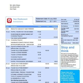 United Kingdom Nationwide bank statement, Word and PDF template, 5 pages, version 2 download template file