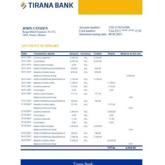Albania Tirana Bank statement xls download template file