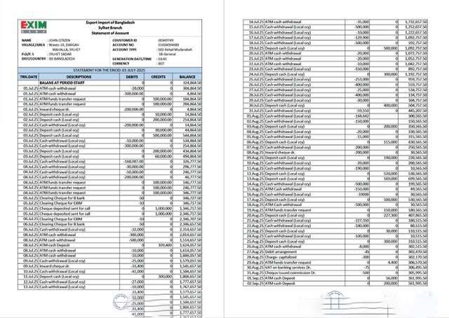 Bangladesh Exim Bank statement of account Word and PDF template, 2 pages download template file