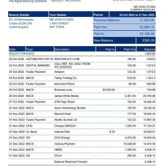 United Kingdom Royal Bank of Scotland (RBS) bank statement, Word and PDF template download template file