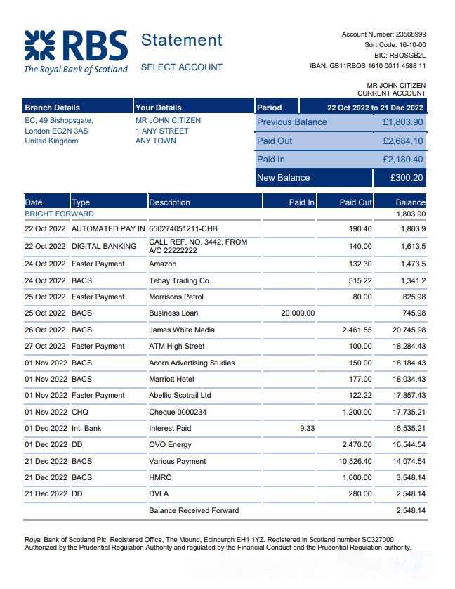 United Kingdom Royal Bank of Scotland (RBS) bank statement, Word and PDF template download template file
