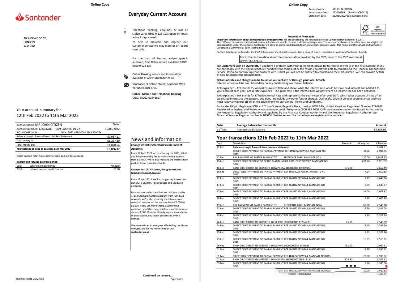 United Kingdom Santander bank statement Word and PDF template, 3 pages, version 2 download template file