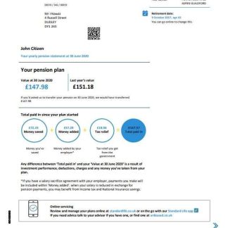 United Kingdom Standard Life proof of address pension statement in Word and PDF (.doc and .pdf) format download template file