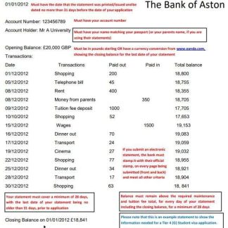 United Kingdom The Bank of Aston bank statement template in Word format download template file
