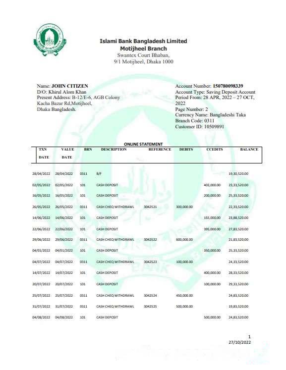 Bangladesh Islami Bank Limited statement Word and PDF template, 2 pages download template file
