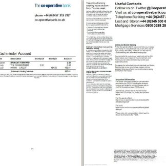 United Kingdom The Cooperative Bank statement Word and PDF template, 2 pages download template file