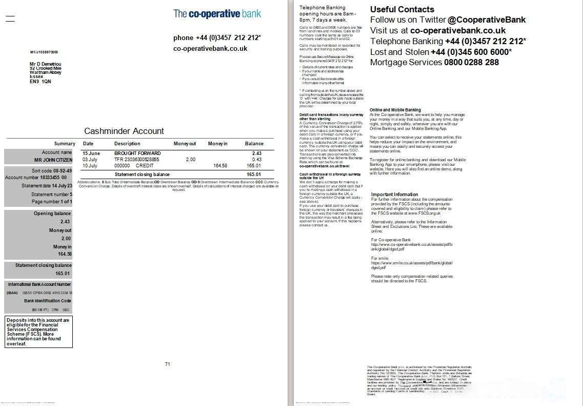 United Kingdom The Cooperative Bank statement Word and PDF template, 2 pages download template file