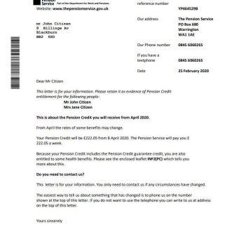 United Kingdom The Pension Service bank proof of address statement template in Word and PDF format download template file