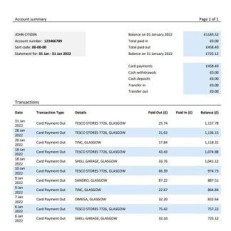 United Kingdom Tide bank statement, Word and PDF template download template file