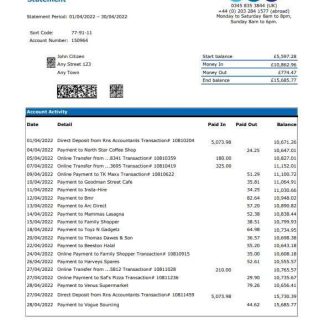 United Kingdom TSB bank statement, Excel and PDF template download template file