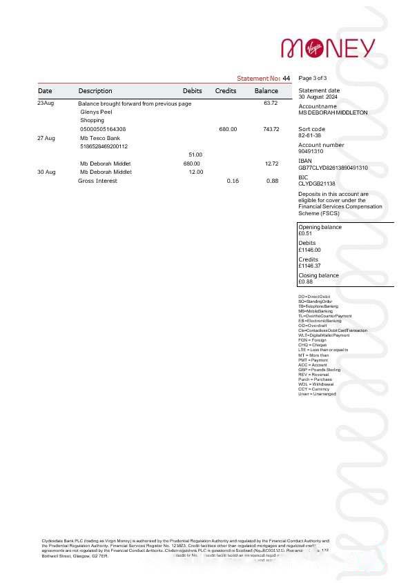 United Kingdom Virgin Money statement, 3 pages 2 download template file