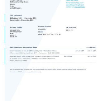 United Kingdom Wise bank statement template in Word and PDF format download template file