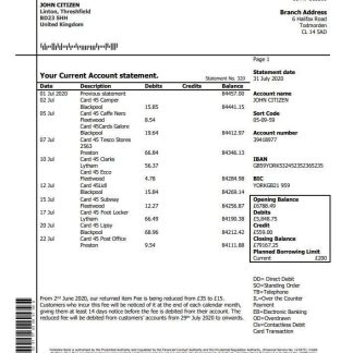 United Kingdom Yorkshire Bank statement template in Word and PDF format, good for address prove download template file