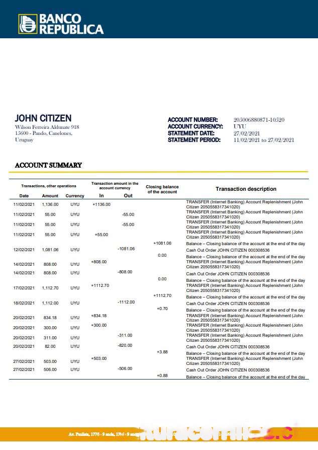 Uruguay Banco De La Republica Oriental Del Uruguay bank statement template in .doc and .pdf format download template file