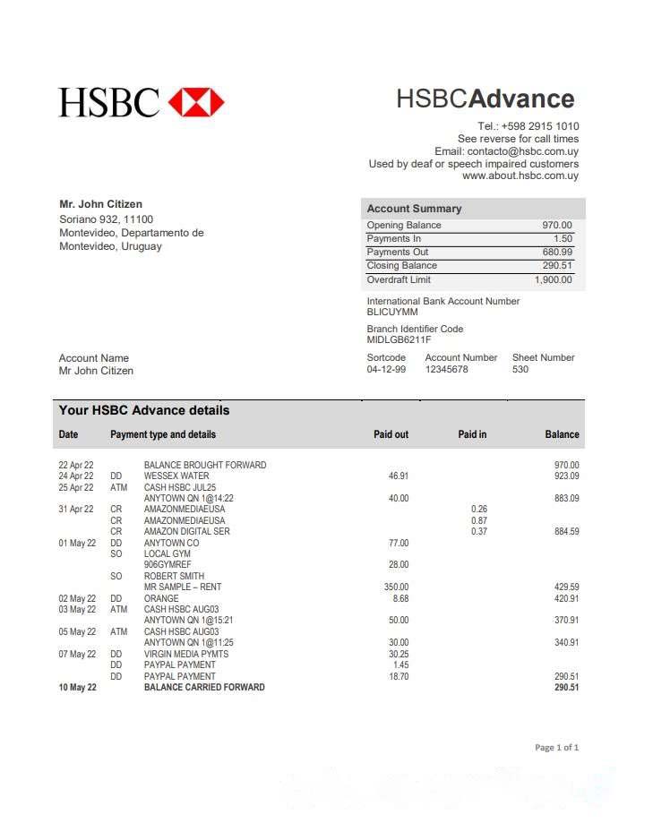 Uruguay HSBC bank statement download template file