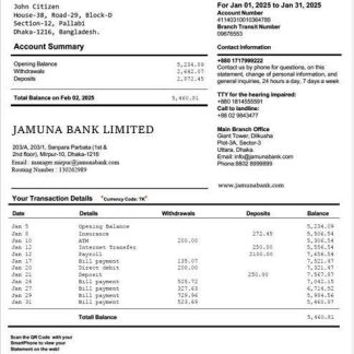 Bangladesh Jamuna Bank statement of account Word and PDF template download template file