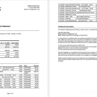 USA Alaska Global Credit Union bank statement, Word and PDF template, 2 pages download template file