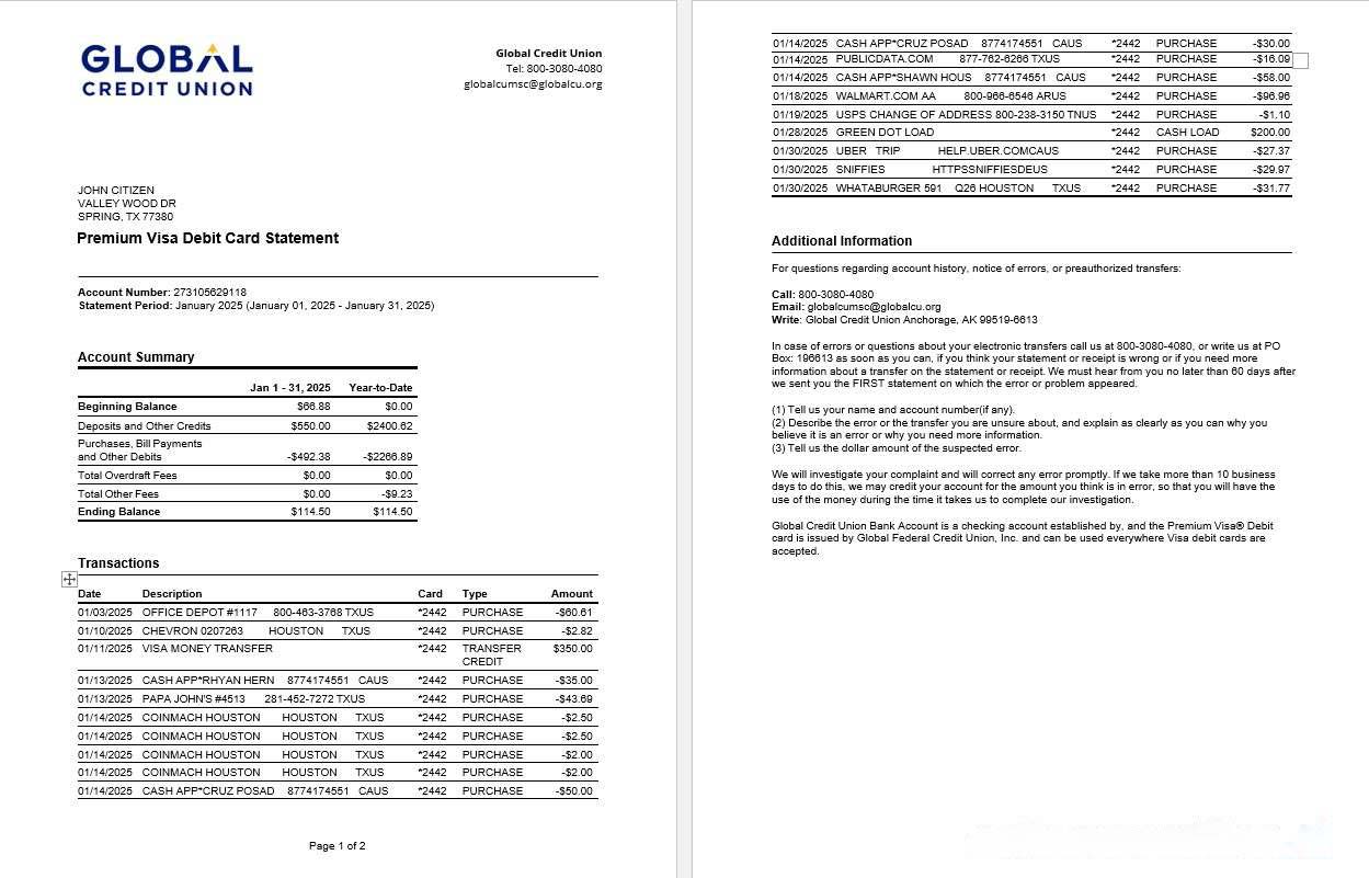 USA Alaska Global Credit Union bank statement, Word and PDF template, 2 pages download template file