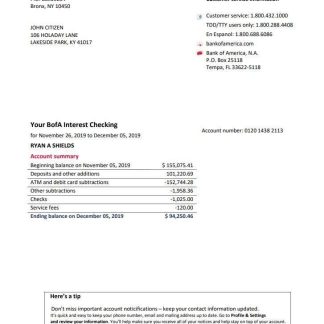 USA Bank of America bank statement easy to fill template in Word and PDF format download template file