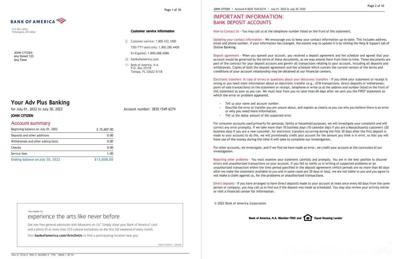 USA Bank of America bank statement Word and PDF template (10 pages), version 5 download template file