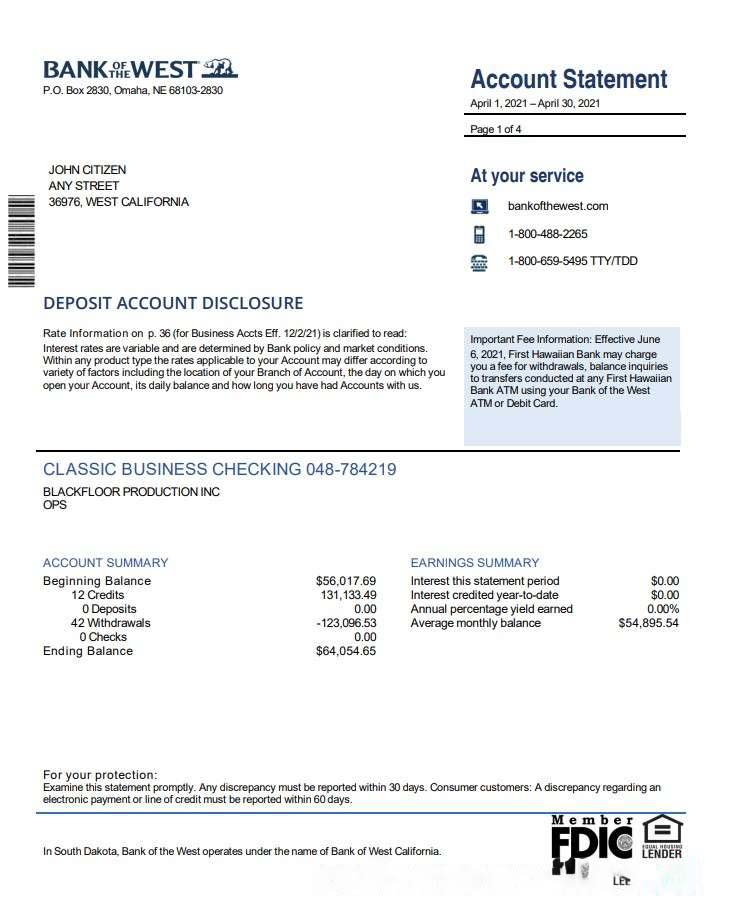 USA Bank of the West bank statement download template file