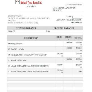 Bangladesh Mutual Trust Bank account statement Word and PDF template download template file