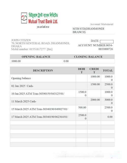 Bangladesh Mutual Trust Bank account statement Word and PDF template download template file