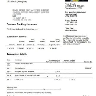 USA BMO Bank of Montreal bank proof of address statement template in Word and PDF format download template file