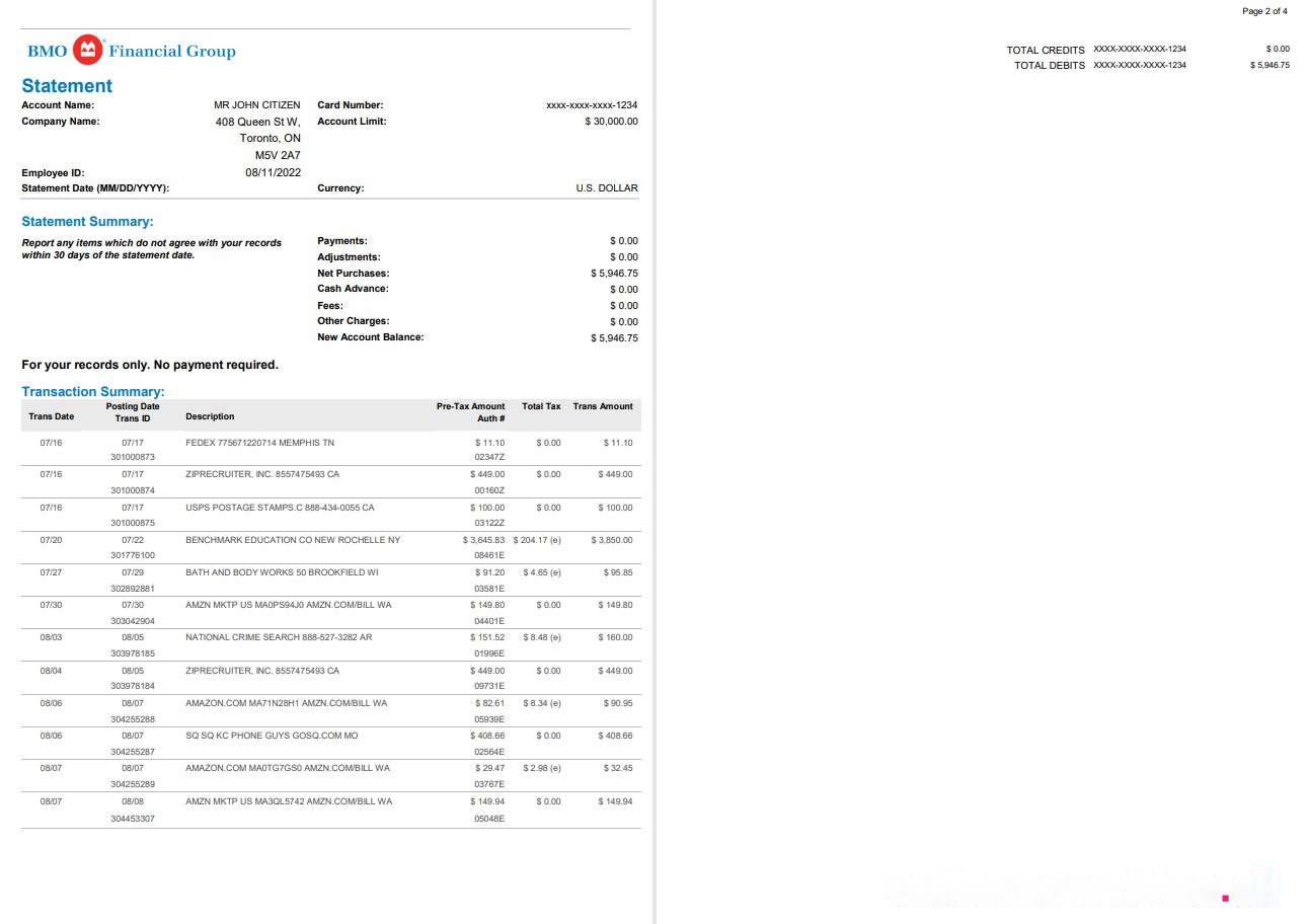 USA BMO bank statement, Word and PDF template, 4 pages download template file
