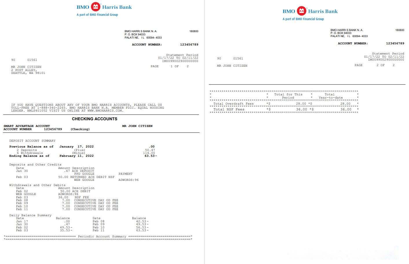 USA BMO Harris bank statement Word and PDF template, 3 pages download template file