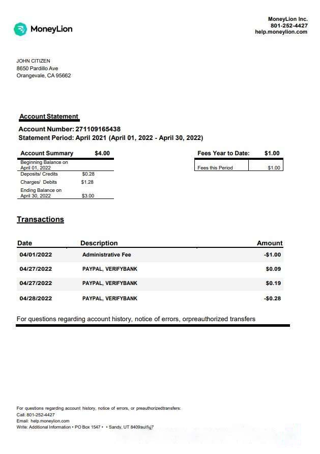 USA California MoneyLion bank statement download template file