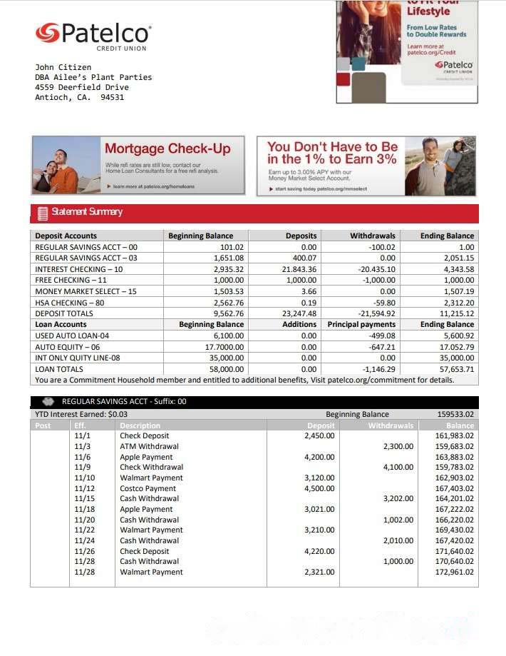 USA California Patelco Credit Union bank statement template in Word and PDF format download template file