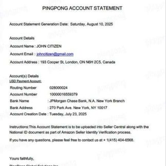 USA California PingPong Global Solutions Inc account statement Word and PDF template download template file