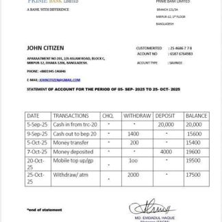 Bangladesh Prime Bank Limited statement of account Word and PDF template download template file