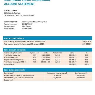 USA California Southland Credit Union Bank statement, Word and PDF template download template file